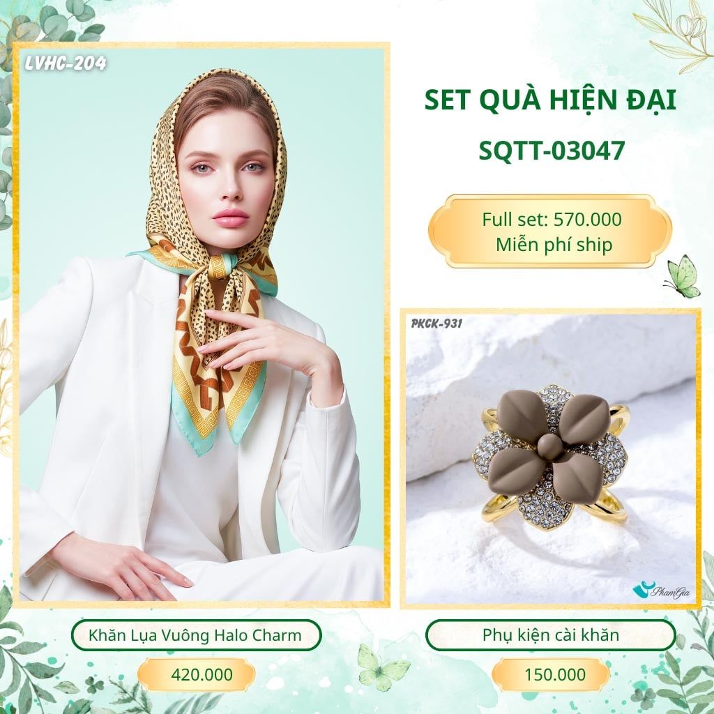 Set Quà Tặng Khăn Lụa Vuông 90*90cm Và Phụ Kiện Cài Khăn Hiện Đại (SQTT03047)