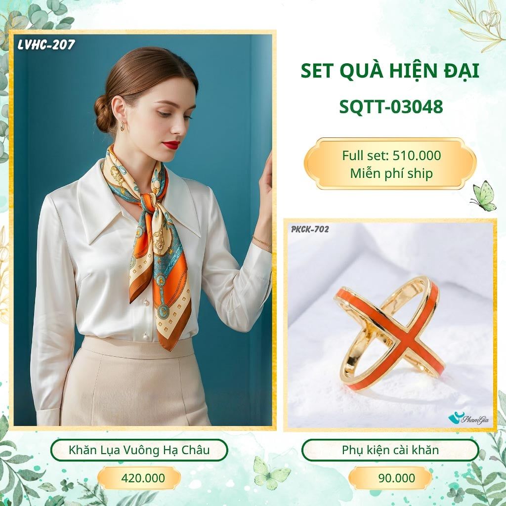 Set Quà Tặng Khăn Lụa Vuông 2 Mặt 88*88cm Và Phụ Kiện Cài Khăn Hiện Đại (SQTT03048)