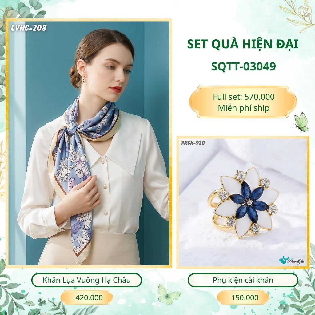 Set Quà Tặng Khăn Lụa Vuông 2 Mặt 88*88cm Và Phụ Kiện Cài Khăn Hiện Đại (SQTT03049)