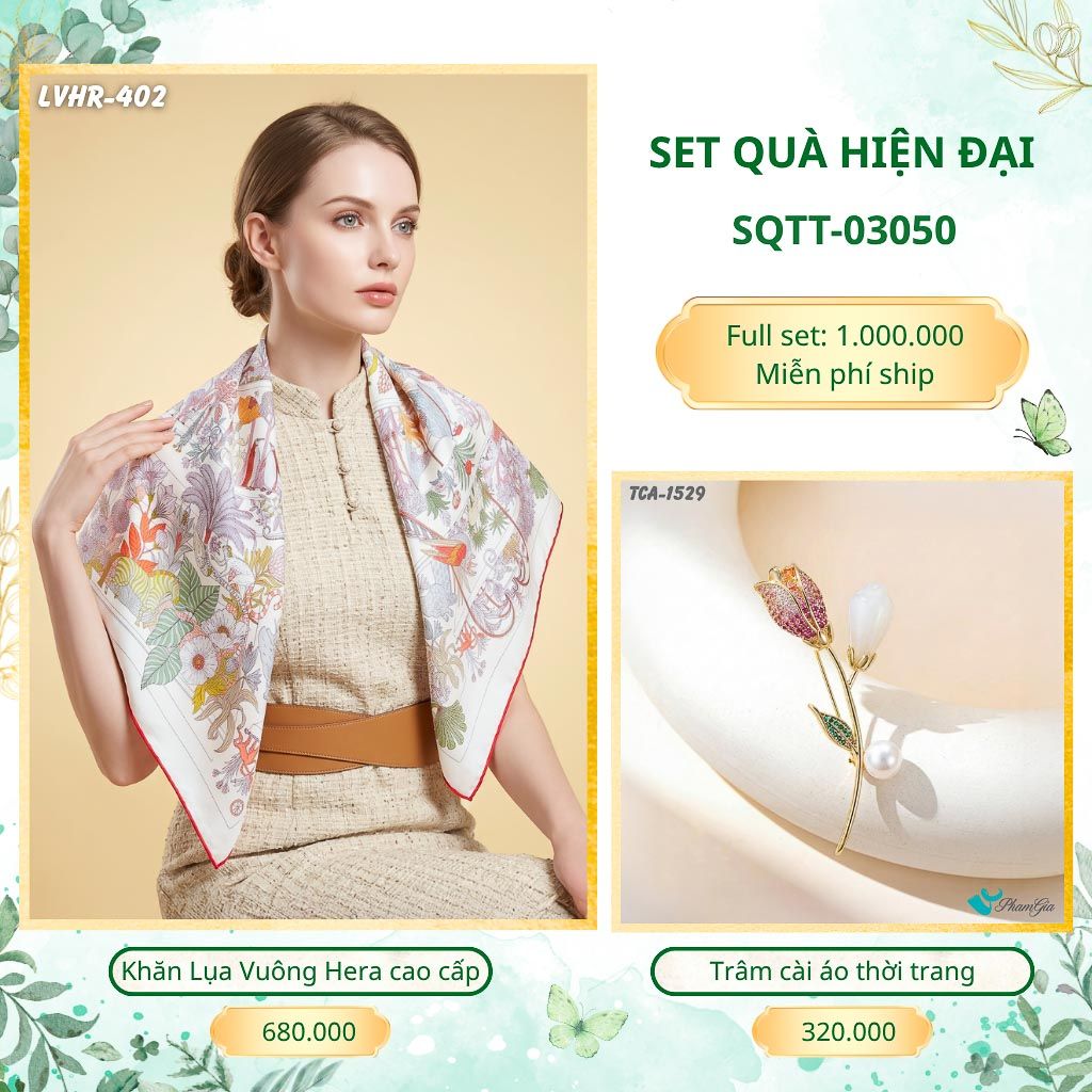 Set Quà Tặng Khăn Lụa Vuông 2 Mặt 90*90cm Cao Cấp Và Trâm Cài Áo Hiện Đại (SQTT03050)