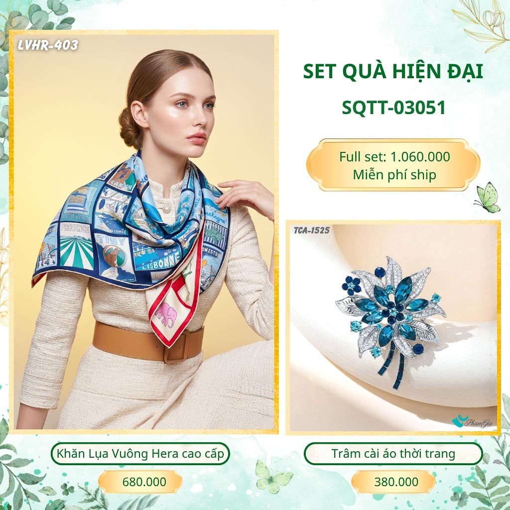 Set Quà Tặng Khăn Lụa Vuông 2 Mặt 90*90cm Cao Cấp Và Trâm Cài Áo Hiện Đại (SQTT03051)