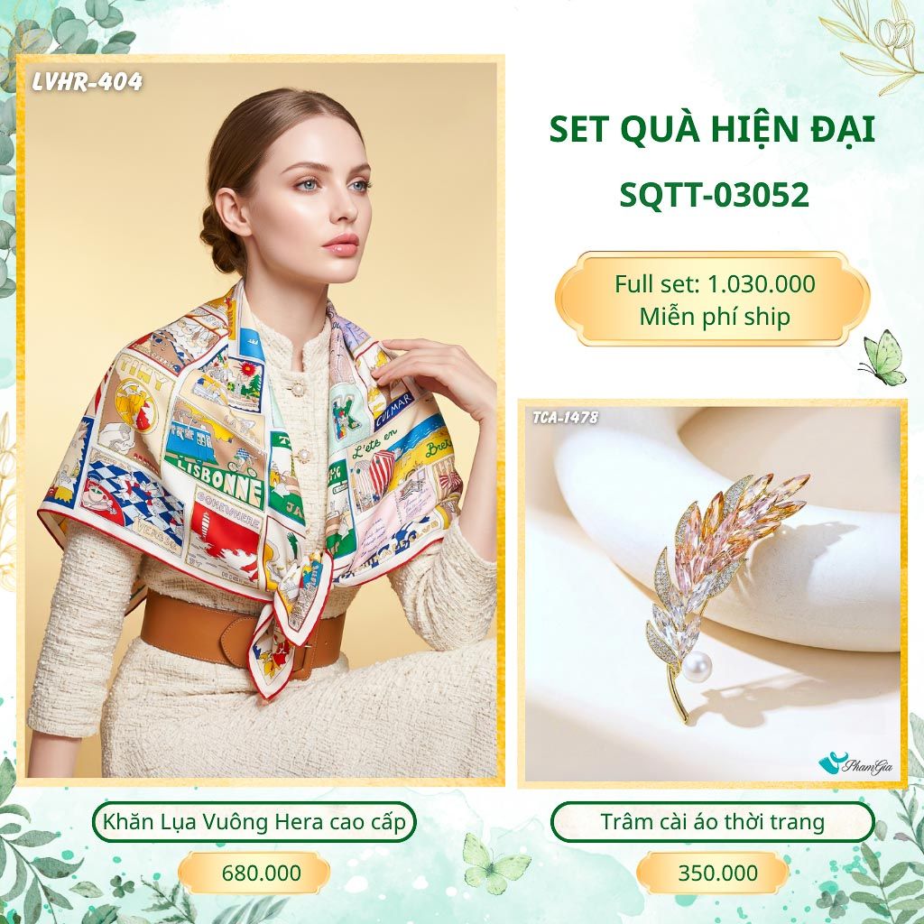 Set Quà Tặng Khăn Lụa Vuông 2 Mặt 90*90cm Cao Cấp Và Trâm Cài Áo Hiện Đại (SQTT03052)