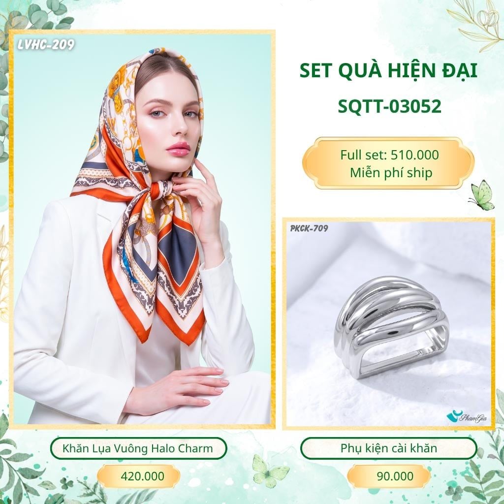 Set Quà Tặng Khăn Lụa Vuông 90*90cm Và Phụ Kiện Cài Khăn Hiện Đại (SQTT03052)