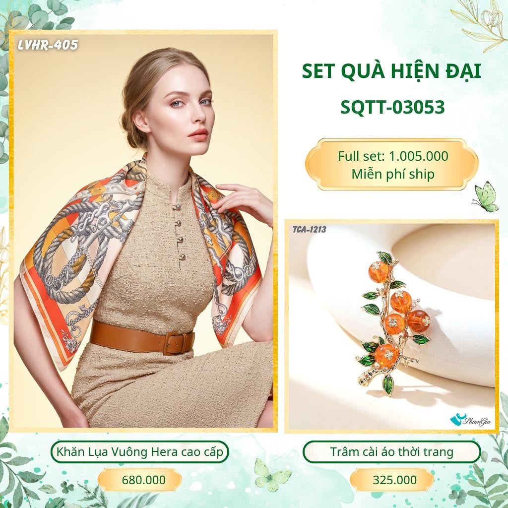 Set Quà Tặng Khăn Lụa Vuông 2 Mặt 90*90cm Cao Cấp Và Trâm Cài Áo Hiện Đại (SQTT03053)