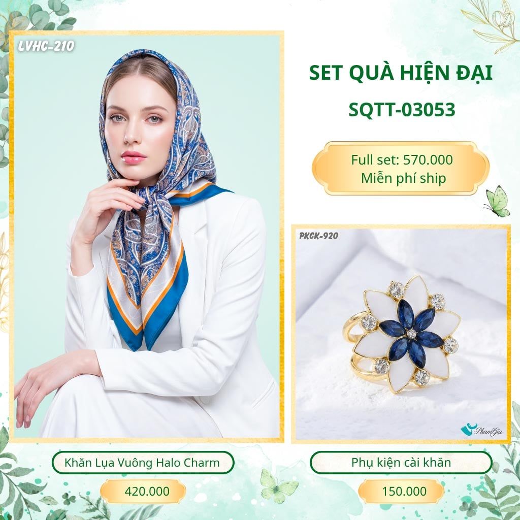 Set Quà Tặng Khăn Lụa Vuông 90*90cm Và Phụ Kiện Cài Khăn Hiện Đại (SQTT03053)