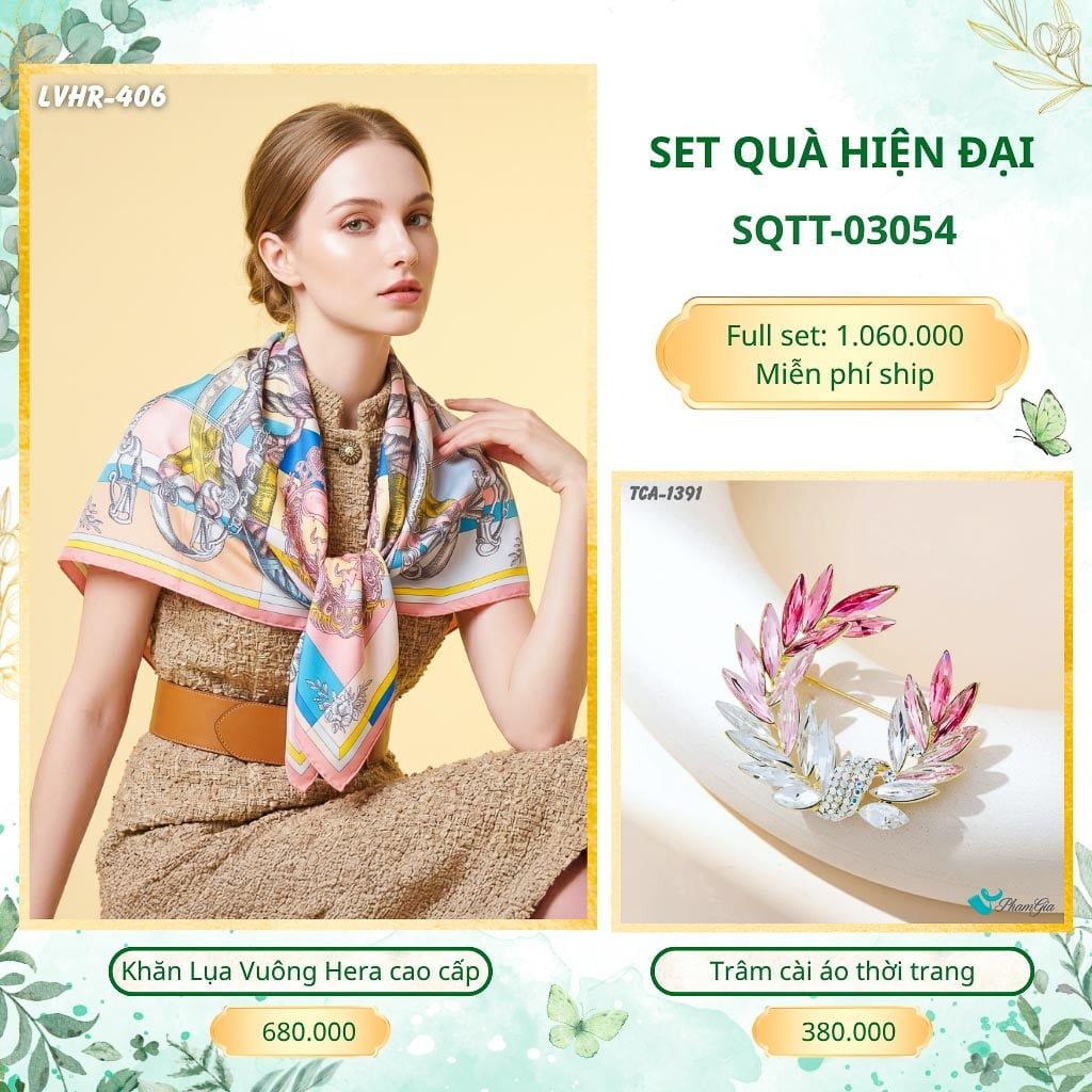 Set Quà Tặng Khăn Lụa Vuông 2 Mặt 90*90cm Cao Cấp Và Trâm Cài Áo Hiện Đại (SQTT03054)