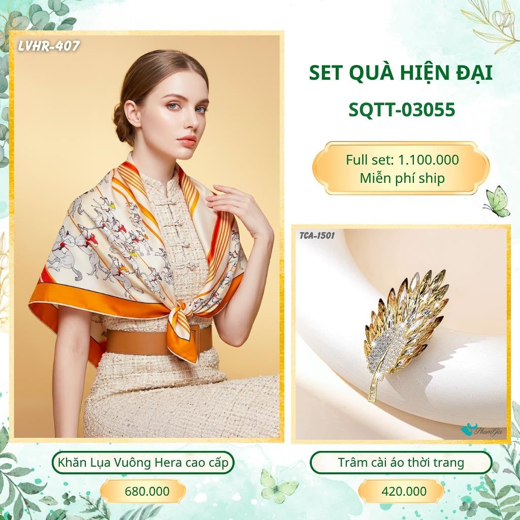 Set Quà Tặng Khăn Lụa Vuông 2 Mặt 90*90cm Cao Cấp Và Trâm Cài Áo Hiện Đại (SQTT03055)