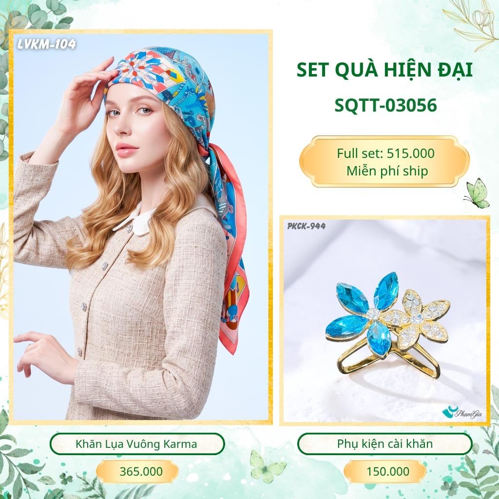 Set Quà Tặng Khăn Lụa Vuông 90*90cm Và Phụ Kiện Cài Khăn Hiện Đại (SQTT03056)