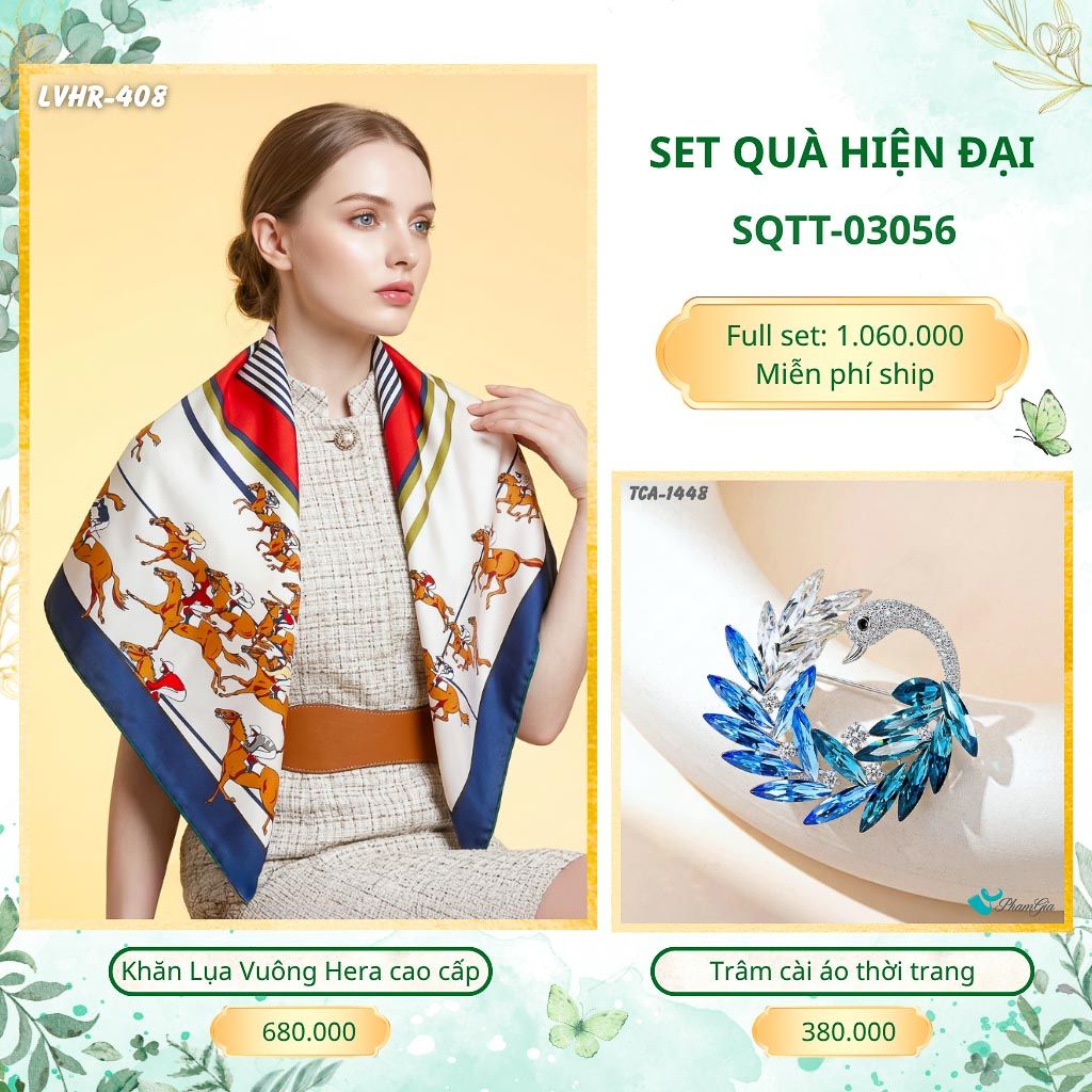 Set Quà Tặng Khăn Lụa Vuông 2 Mặt 90*90cm Cao Cấp Và Trâm Cài Áo Hiện Đại (SQTT03056)