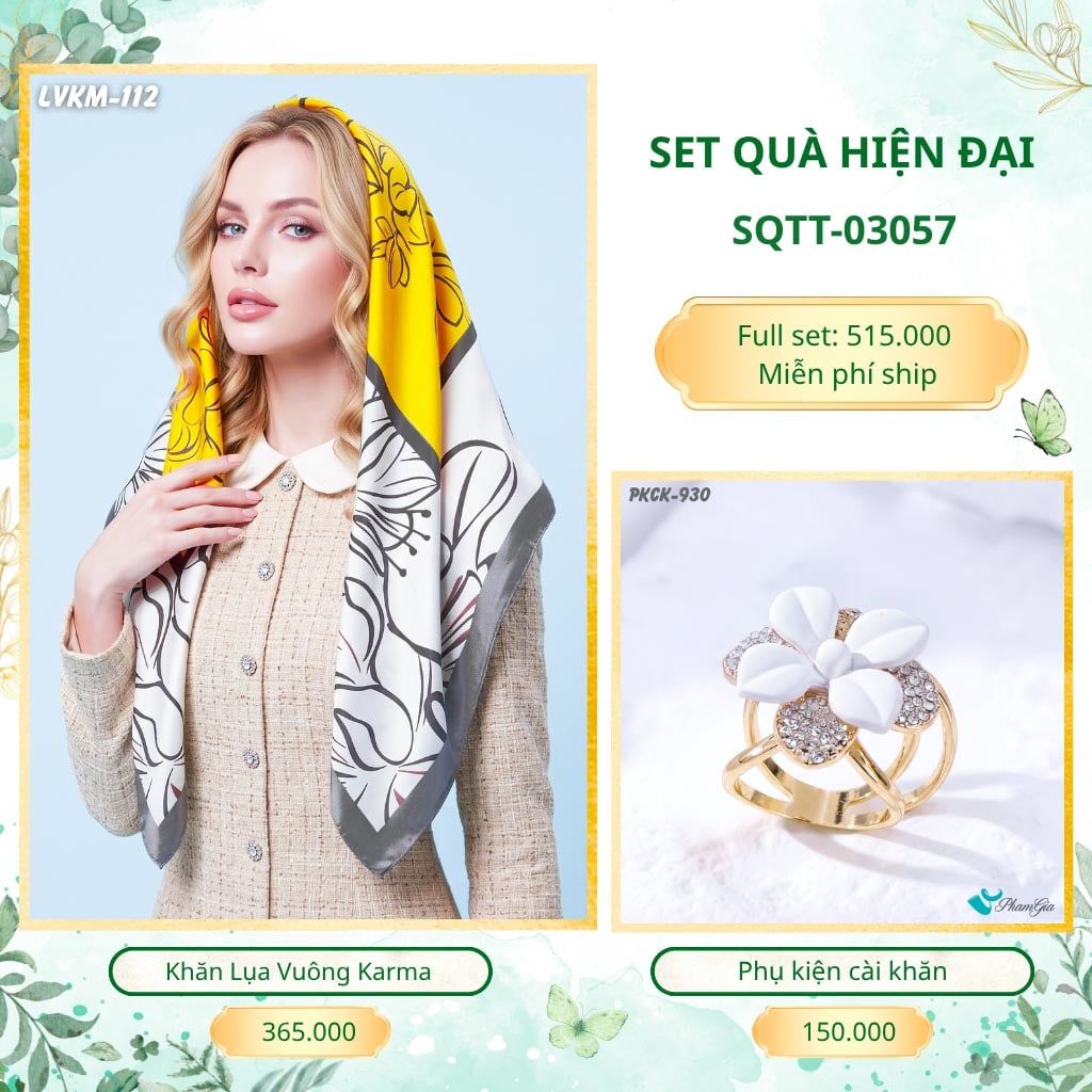 Set Quà Tặng Khăn Lụa Vuông 90*90cm Và Phụ Kiện Cài Khăn Hiện Đại (SQTT03057)
