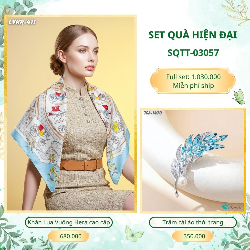 Set Quà Tặng Khăn Lụa Vuông 2 Mặt 90*90cm Cao Cấp Và Trâm Cài Áo Hiện Đại (SQTT03057)