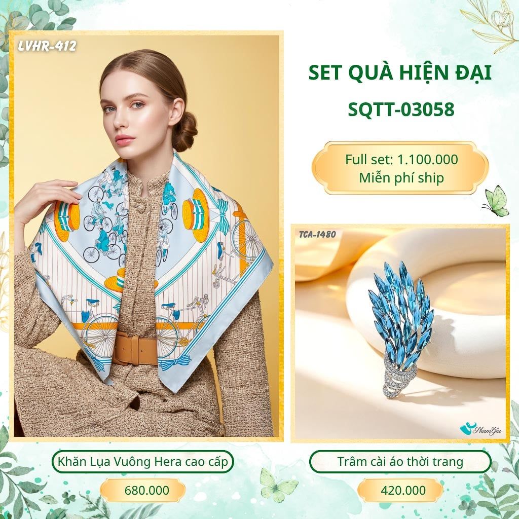 Set Quà Tặng Khăn Lụa Vuông 2 Mặt 90*90cm Cao Cấp Và Trâm Cài Áo Hiện Đại (SQTT03058)