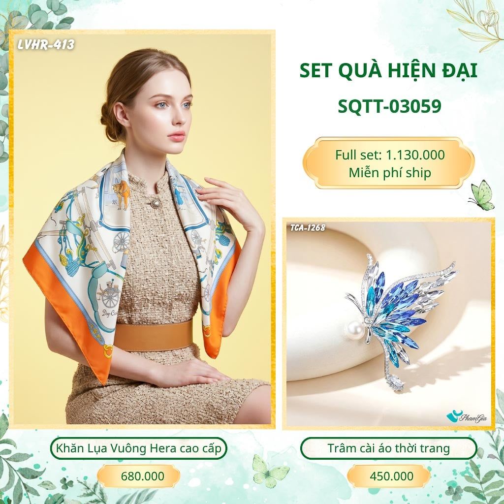 Set Quà Tặng Khăn Lụa Vuông 2 Mặt 90*90cm Cao Cấp Và Trâm Cài Áo Hiện Đại (SQTT03059)