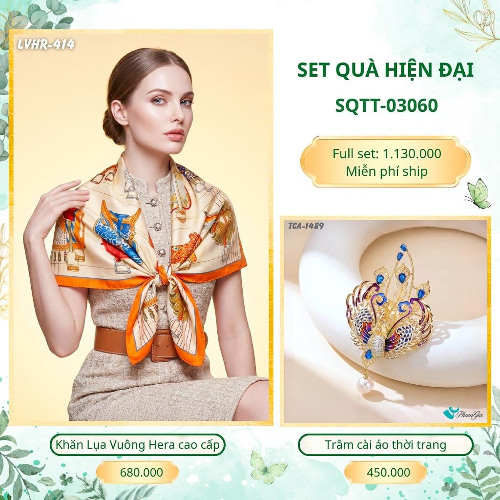 Set Quà Tặng Khăn Lụa Vuông 2 Mặt 90*90cm Cao Cấp Và Trâm Cài Áo Hiện Đại (SQTT03060)