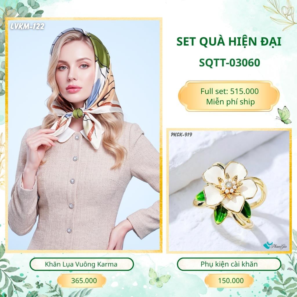 Set Quà Tặng Khăn Lụa Vuông 90*90cm Và Phụ Kiện Cài Khăn Hiện Đại (SQTT03060)