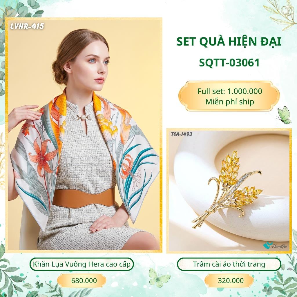 Set Quà Tặng Khăn Lụa Vuông 2 Mặt 90*90cm Cao Cấp Và Trâm Cài Áo Hiện Đại (SQTT03061)