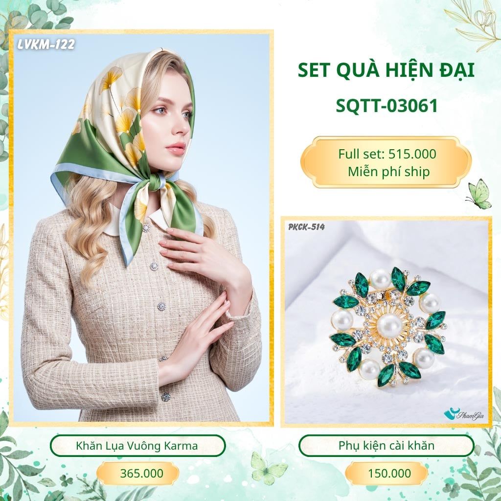 Set Quà Tặng Khăn Lụa Vuông 90*90cm Và Phụ Kiện Cài Khăn Hiện Đại (SQTT03061)