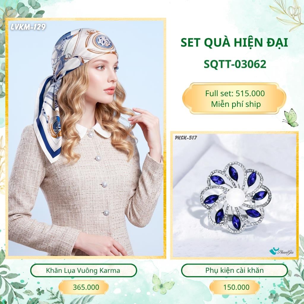 Set Quà Tặng Khăn Lụa Vuông 90*90cm Và Phụ Kiện Cài Khăn Hiện Đại (SQTT03062)