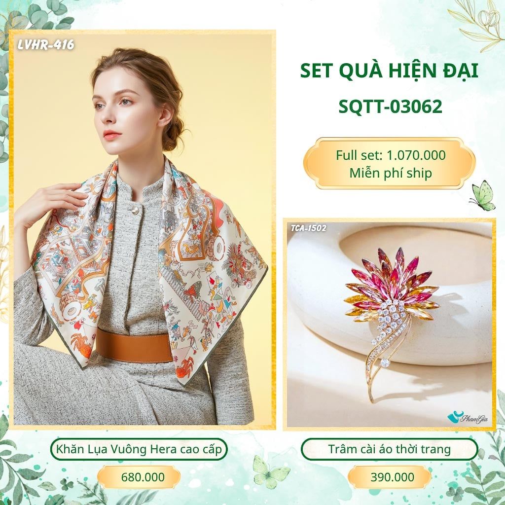 Set Quà Tặng Khăn Lụa Vuông 2 Mặt 90*90cm Cao Cấp Và Trâm Cài Áo Hiện Đại (SQTT03062)