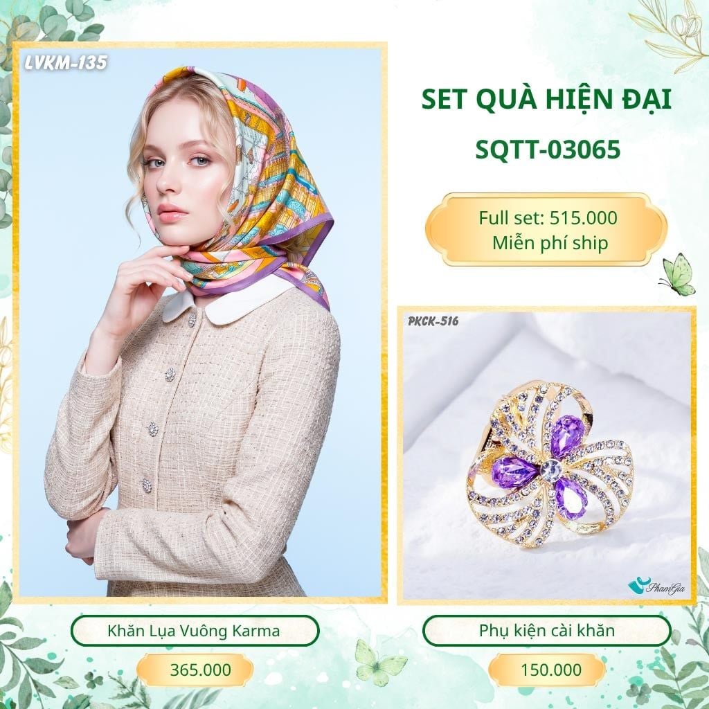 Set Quà Tặng Khăn Lụa Vuông 90*90cm Và Phụ Kiện Cài Khăn Hiện Đại (SQTT03065)