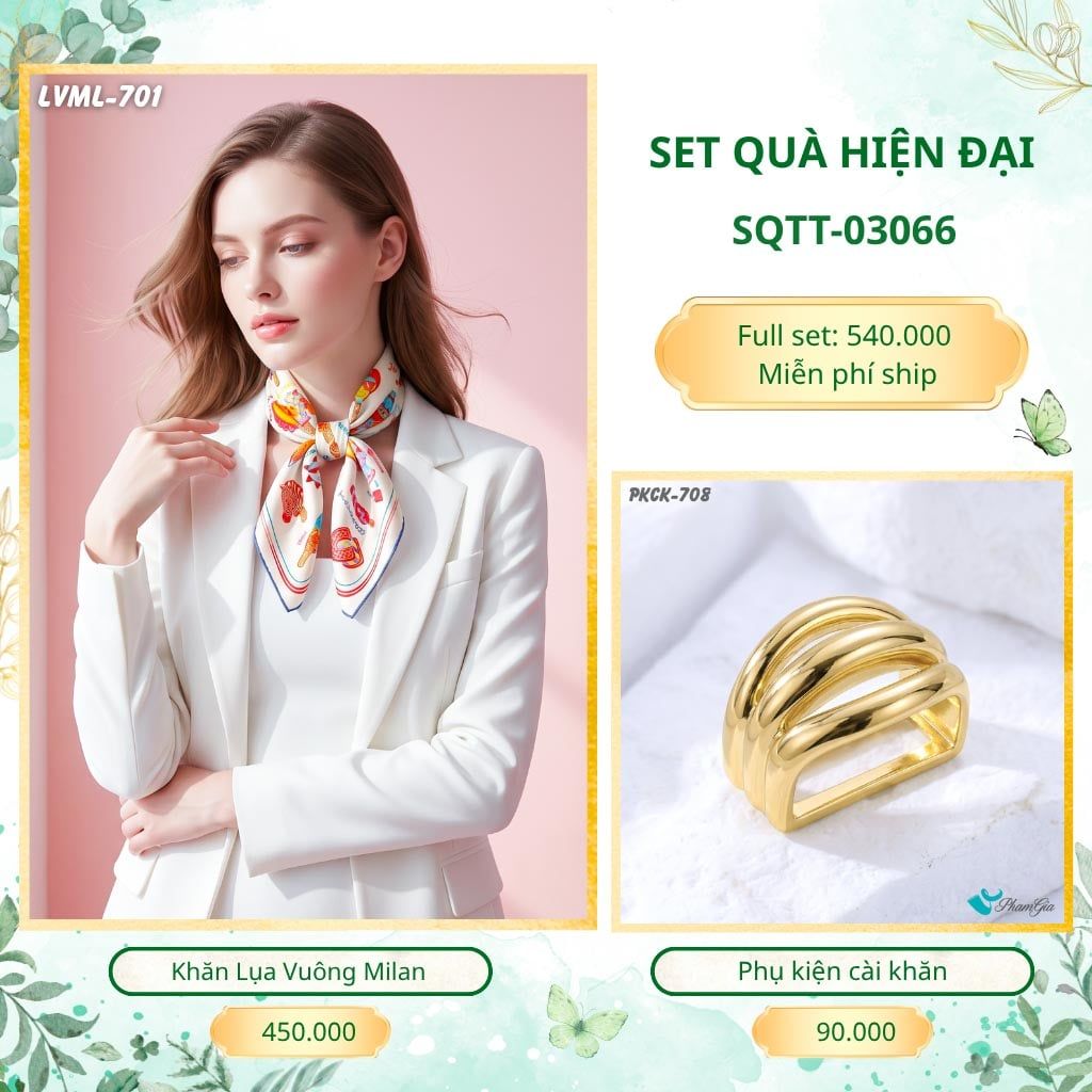 Set Quà Tặng Khăn Lụa Vuông 70*70cm Và Phụ Kiện Cài Khăn Hiện Đại (SQTT03066)