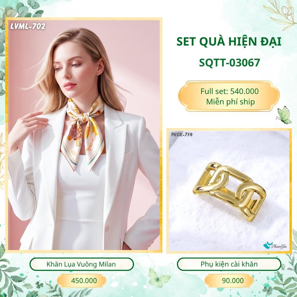 Set Quà Tặng Khăn Lụa Vuông 70*70cm Và Phụ Kiện Cài Khăn Hiện Đại (SQTT03067)