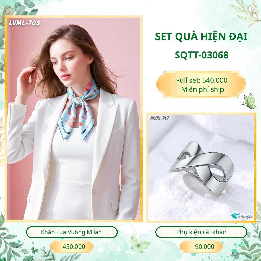 Set Quà Tặng Khăn Lụa Vuông 70*70cm Và Phụ Kiện Cài Khăn Hiện Đại (SQTT03068)