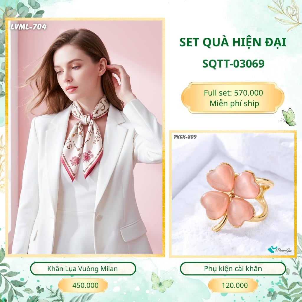 Set Quà Tặng Khăn Lụa Vuông 70*70cm Và Phụ Kiện Cài Khăn Hiện Đại (SQTT03069)