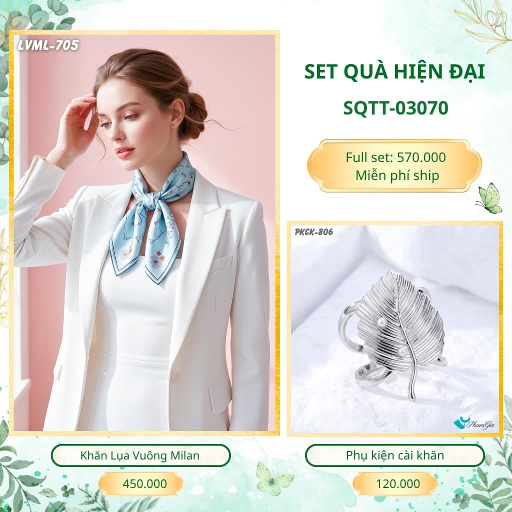 Set Quà Tặng Khăn Lụa Vuông 70*70cm Và Phụ Kiện Cài Khăn Hiện Đại (SQTT03070)
