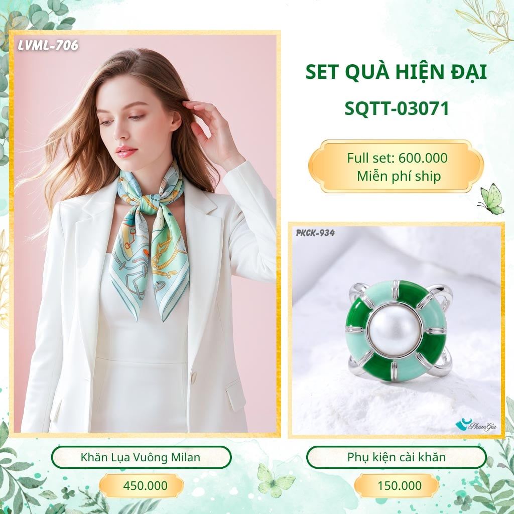Set Quà Tặng Khăn Lụa Vuông 70*70cm Và Phụ Kiện Cài Khăn Hiện Đại (SQTT03071)