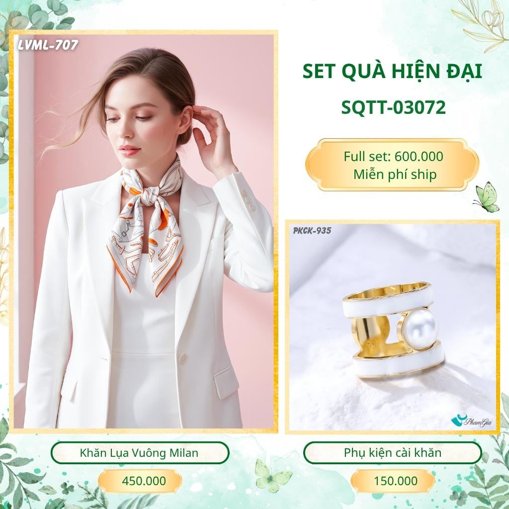 Set Quà Tặng Khăn Lụa Vuông 70*70cm Và Phụ Kiện Cài Khăn Hiện Đại (SQTT03072)