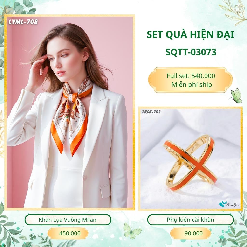 Set Quà Tặng Khăn Lụa Vuông 70*70cm Và Phụ Kiện Cài Khăn Hiện Đại (SQTT03073)