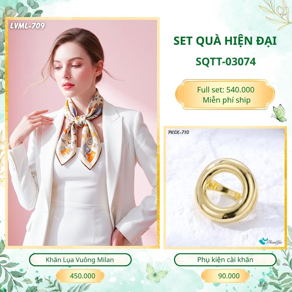 Set Quà Tặng Khăn Lụa Vuông 70*70cm Và Phụ Kiện Cài Khăn Hiện Đại (SQTT03074)