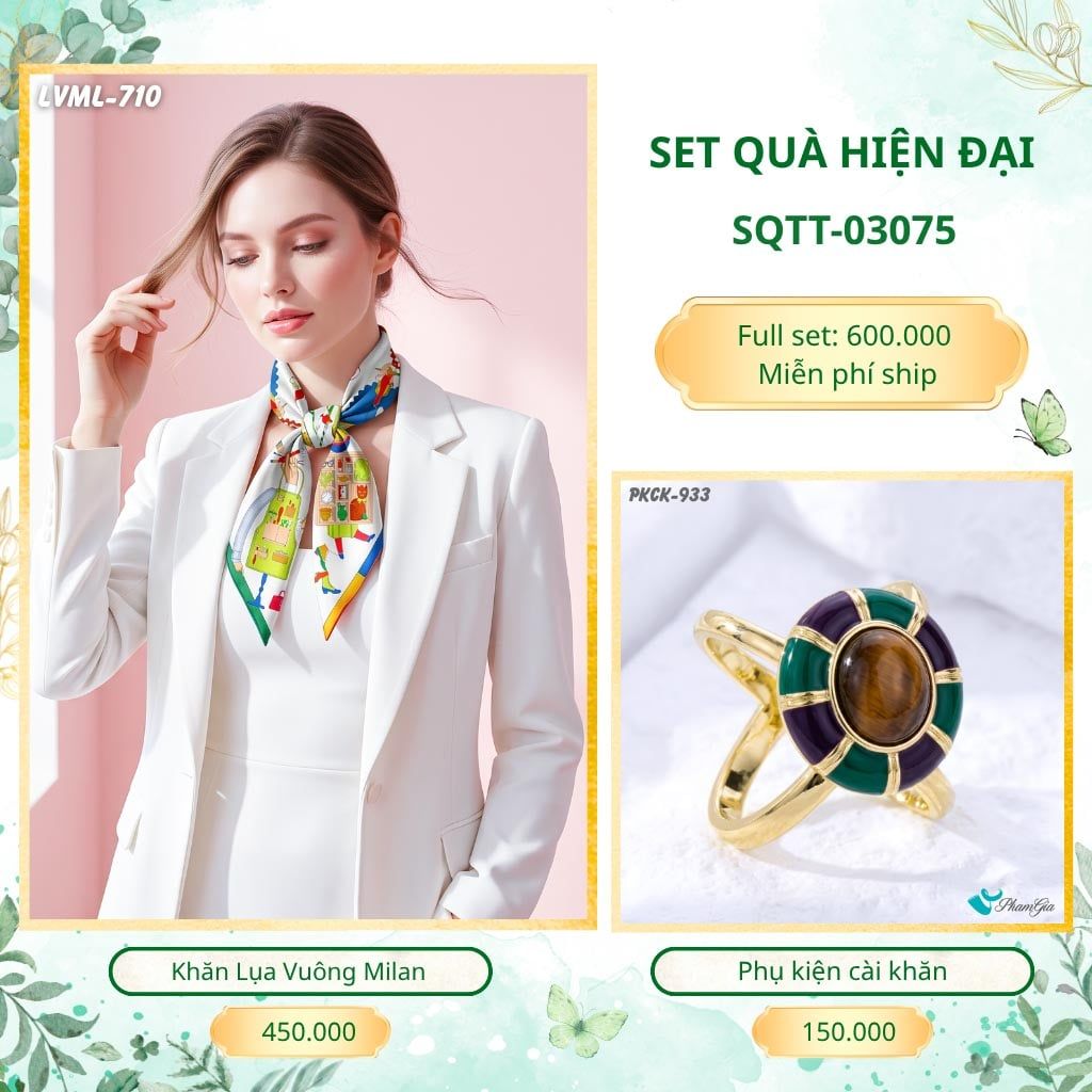 Set Quà Tặng Khăn Lụa Vuông 70*70cm Và Phụ Kiện Cài Khăn Hiện Đại (SQTT03075)