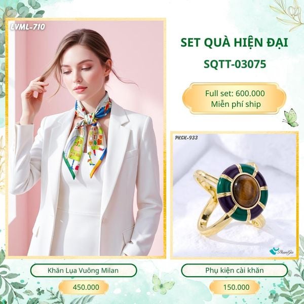 Set Quà Tặng Khăn Lụa Vuông 70*70cm Và Phụ Kiện Cài Khăn Hiện Đại (SQTT03075)