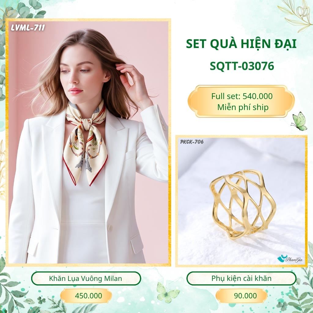 Set Quà Tặng Khăn Lụa Vuông 70*70cm Và Phụ Kiện Cài Khăn Hiện Đại (SQTT03076)