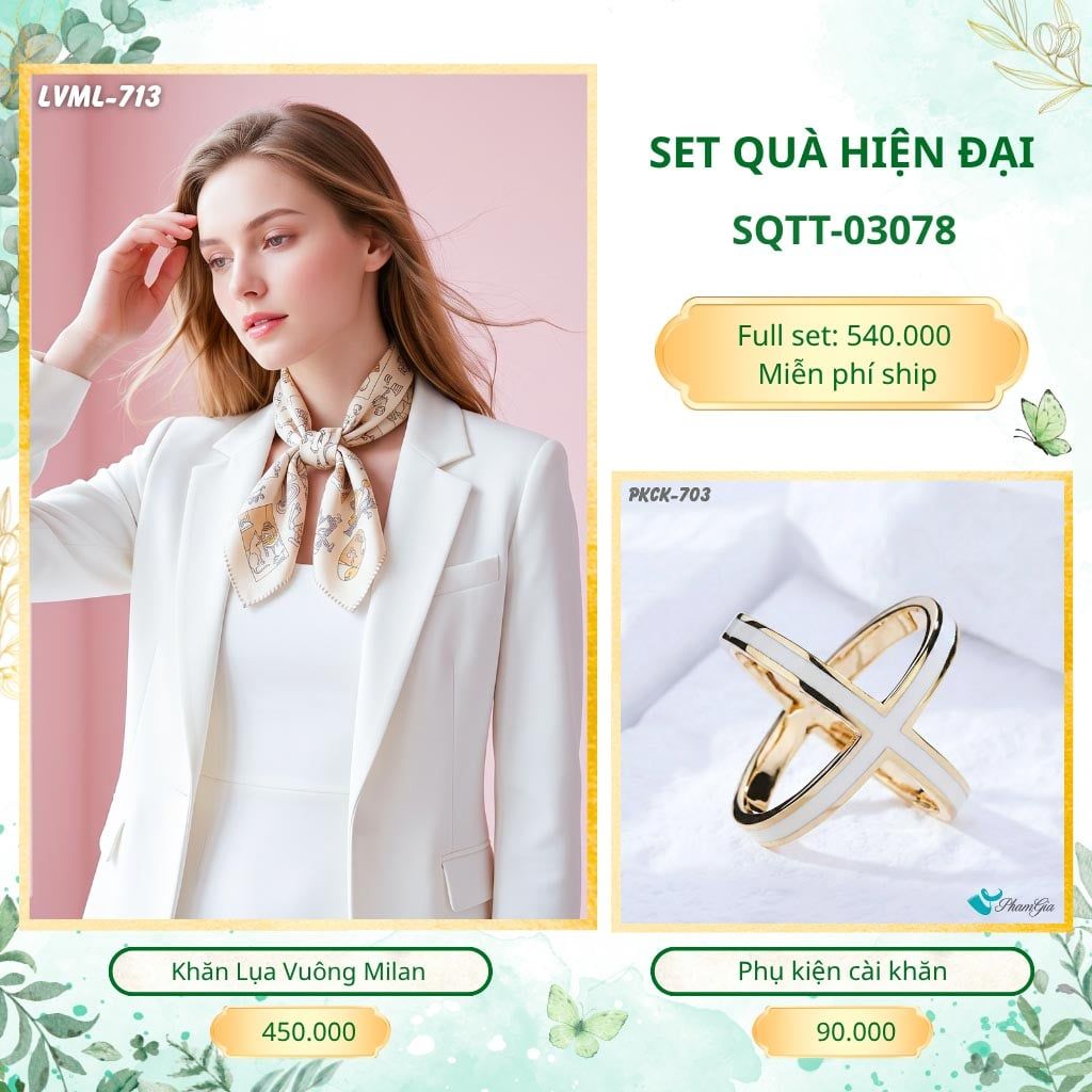 Set Quà Tặng Khăn Lụa Vuông 70*70cm Và Phụ Kiện Cài Khăn Hiện Đại (SQTT03078)