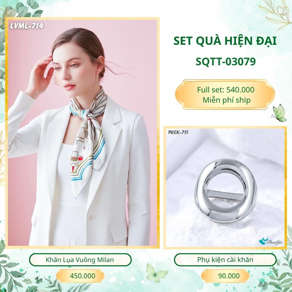 Set Quà Tặng Khăn Lụa Vuông 70*70cm Và Phụ Kiện Cài Khăn Hiện Đại (SQTT03079)