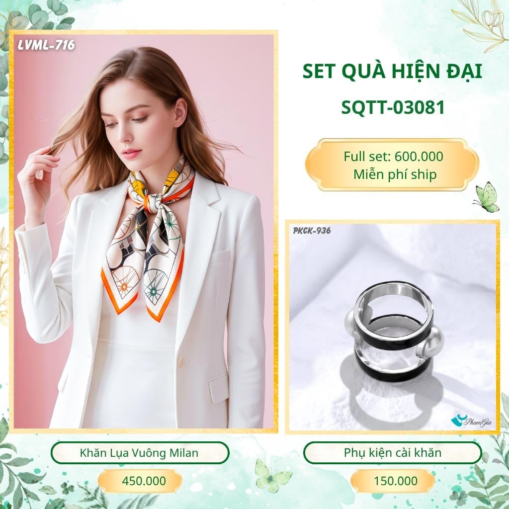 Set Quà Tặng Khăn Lụa Vuông 70*70cm Và Phụ Kiện Cài Khăn Hiện Đại (SQTT03081)