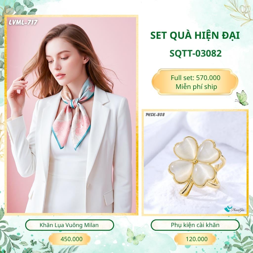 Set Quà Tặng Khăn Lụa Vuông 70*70cm Và Phụ Kiện Cài Khăn Hiện Đại (SQTT03082)