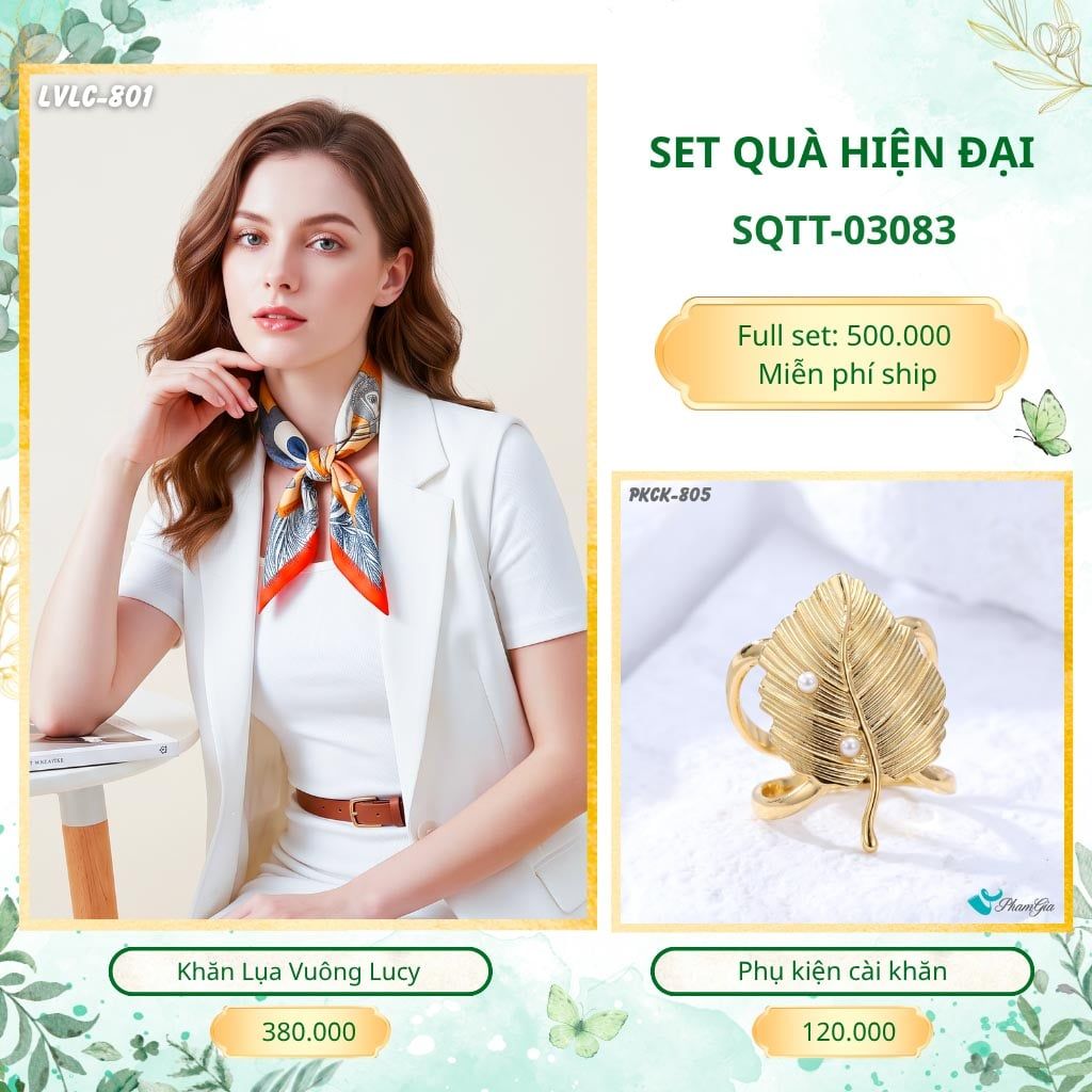 Set Quà Tặng Khăn Lụa Vuông 55*55cm Và Phụ Kiện Cài Khăn Hiện Đại (SQTT03083)