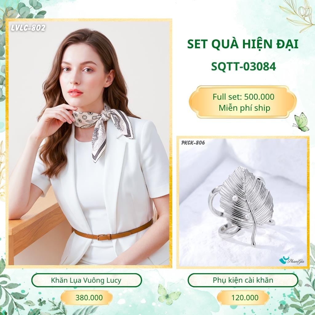 Set Quà Tặng Khăn Lụa Vuông 55*55cm Và Phụ Kiện Cài Khăn Hiện Đại (SQTT03084)