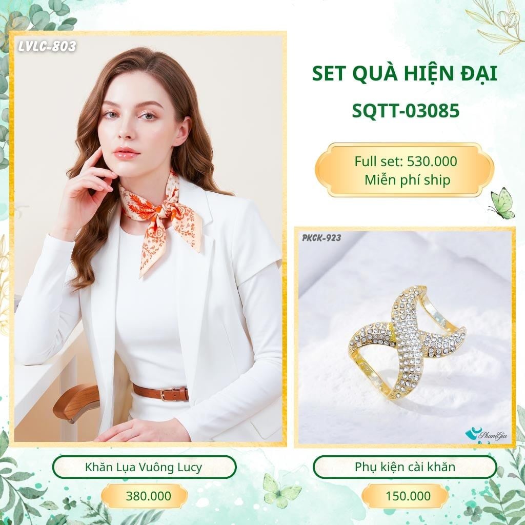 Set Quà Tặng Khăn Lụa Vuông 55*55cm Và Phụ Kiện Cài Khăn Hiện Đại (SQTT03085)