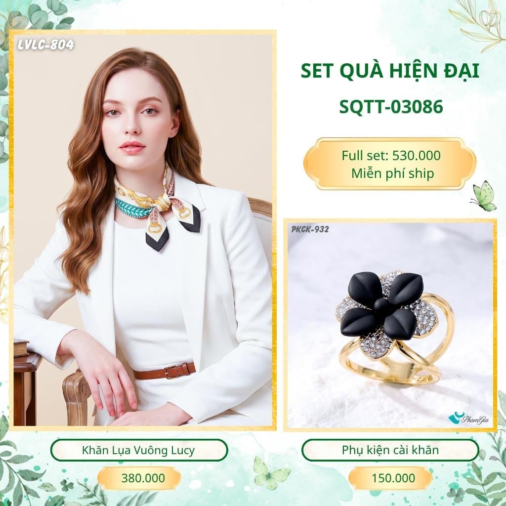 Set Quà Tặng Khăn Lụa Vuông 55*55cm Và Phụ Kiện Cài Khăn Hiện Đại (SQTT03086)