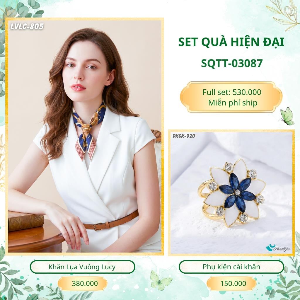 Set Quà Tặng Khăn Lụa Vuông 55*55cm Và Phụ Kiện Cài Khăn Hiện Đại (SQTT03087)
