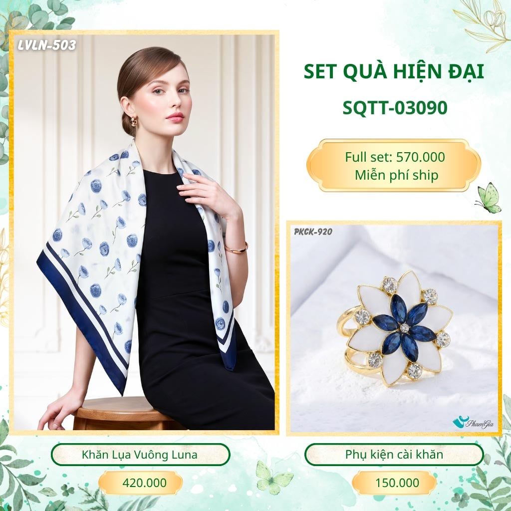 Set Quà Tặng Khăn Lụa Vuông 90*90cm Và Phụ Kiện Cài Khăn Hiện Đại (SQTT03090)