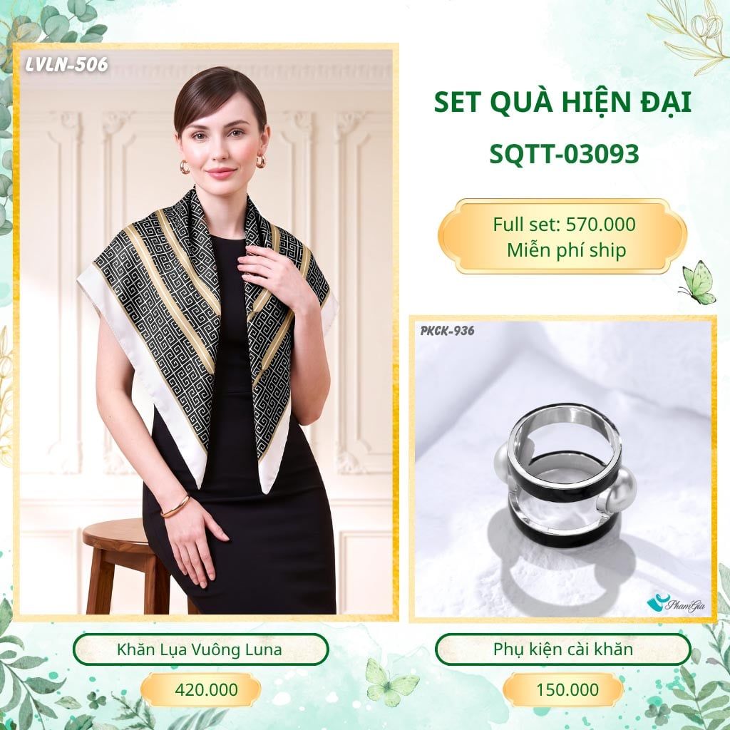 Set Quà Tặng Khăn Lụa Vuông 90*90cm Và Phụ Kiện Cài Khăn Hiện Đại (SQTT03093