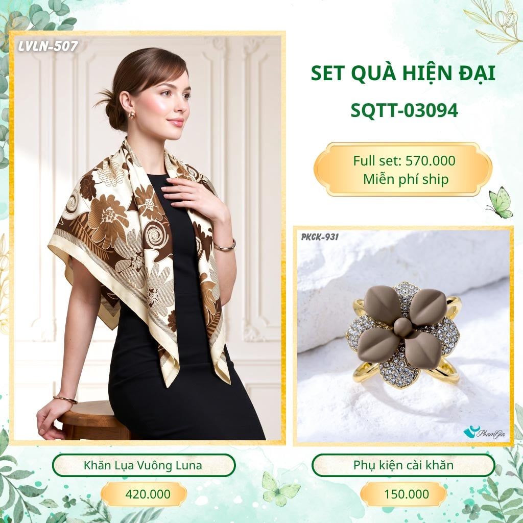 Set Quà Tặng Khăn Lụa Vuông 90*90cm Và Phụ Kiện Cài Khăn Hiện Đại (SQTT03094)
