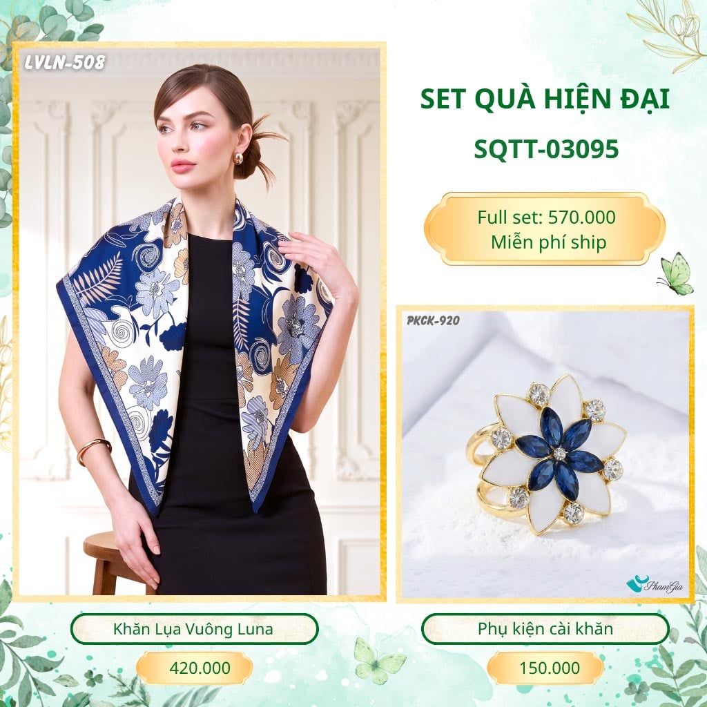 Set Quà Tặng Khăn Lụa Vuông 90*90cm Và Phụ Kiện Cài Khăn Hiện Đại (SQTT03095)