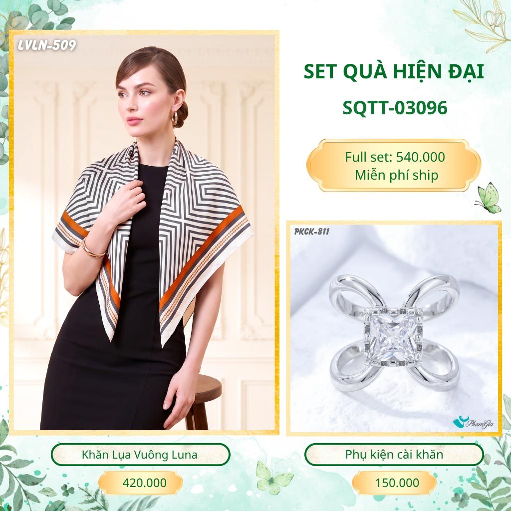 Set Quà Tặng Khăn Lụa Vuông 90*90cm Và Phụ Kiện Cài Khăn Hiện Đại (SQTT03096)